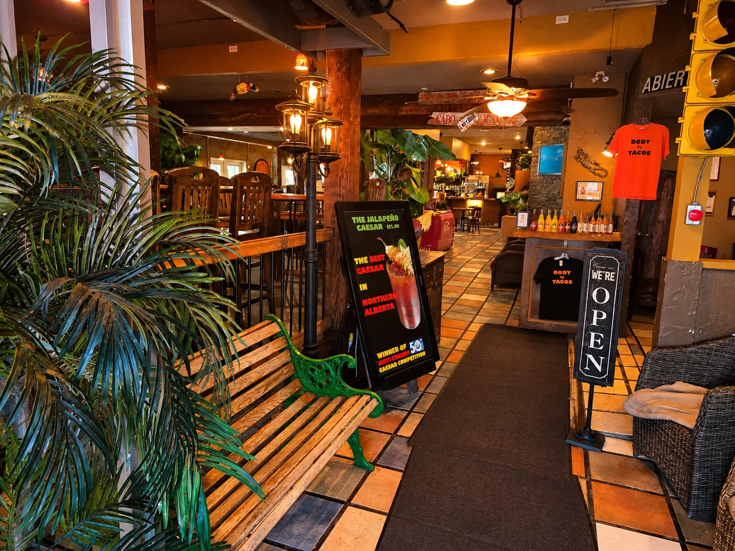 Warmly lit interior of Habaneros Mexican Grill Mexican restaurant in downtown Leduc, Alberta
